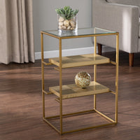 24" Brass Glass And Iron Rectangular End Table With Two Shelves