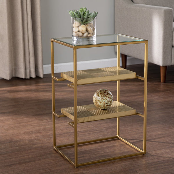 24" Brass Glass And Iron Rectangular End Table With Two Shelves