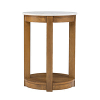 22" Natural Wood And White Faux Marble Manufactured Wood Round End Table With Shelf