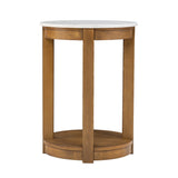 22" Natural Wood And White Faux Marble Manufactured Wood Round End Table With Shelf