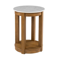 22" Natural Wood And White Faux Marble Manufactured Wood Round End Table With Shelf