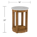 22" Natural Wood And White Faux Marble Manufactured Wood Round End Table With Shelf