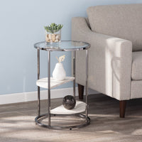24" Black Metal Glass And Faux Marble Round End Table With Two Shelves