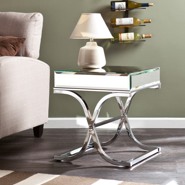 22" Silver Glass And Iron Square Mirrored End Table