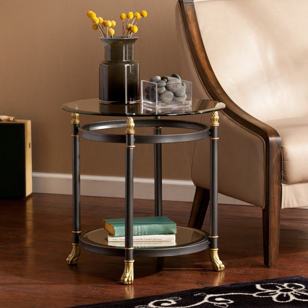 21" Gray Glass And Iron Round Mirrored End Table