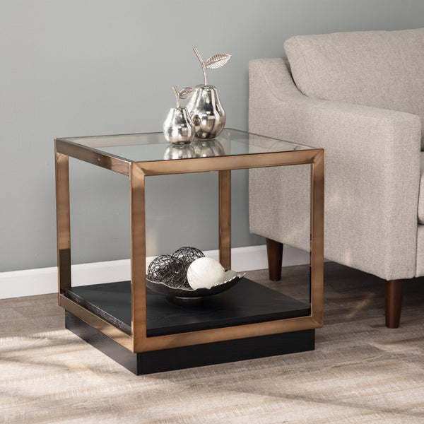 22" Champagne Glass And Iron Square End Table With Shelf