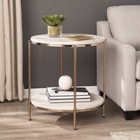 24" Champagne Faux Marble And Iron Round End Table With Shelf