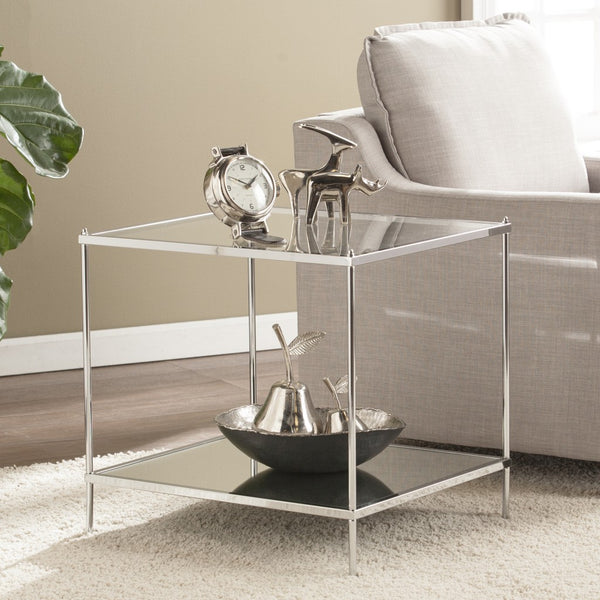 22" Chrome Glass And Iron Square Mirrored End Table
