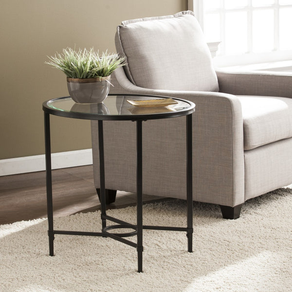 25" Black Glass And Iron Oval End Table