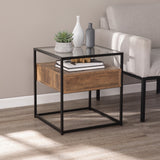 22" Black Glass And Iron Square End Table With Drawer With Shelf