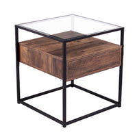 22" Black Glass And Iron Square End Table With Drawer With Shelf