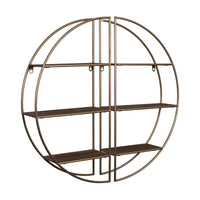 Two Piece Gold Metal and Wood Round Wall Shelf