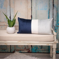 Navy Blue and Silver Quilted Colorblock Velvet Lumbar Throw Pillow