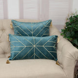 Teal and Gold Geo Velvet Throw Pillow with Gold Tassels