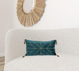 Teal and Gold Geo Velvet Lumbar Pillow with Gold Tassels