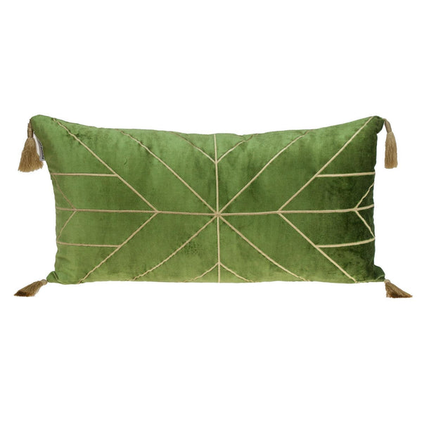 Olive and Gold Geo Velvet Lumbar Pillow with Gold Tassels