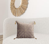 Taupe and Gold Geo Velvet Throw Pillow with Gold Tassels