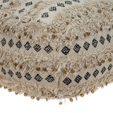 Boho Fringed Beige and Black Handwoven Pouff Ottoman