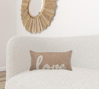 Tan Love Felt Applique Burlap Throw Pillow