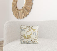 Khaki White Birds and Leaves Down Throw Pillow