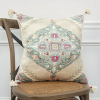 Beige Boho Medallion Tasseled Throw Pillow