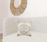 Beige Boho Medallion Tasseled Throw Pillow