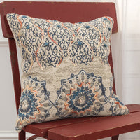 Beige Blue Distressed Floral Pattern Throw Pillow