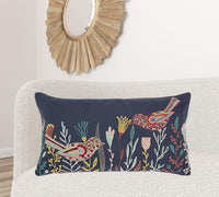 Blue Botanical and Bird Embroidered Lumbar Pillow