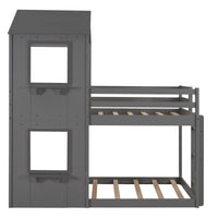 Gray Twin Over Twin House Bunk Bed with Windows and Roof
