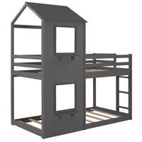 Gray Twin Over Twin House Bunk Bed with Windows and Roof