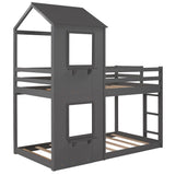 Gray Twin Over Twin House Bunk Bed with Windows and Roof