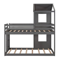 Gray Twin Over Twin House Bunk Bed with Windows and Roof