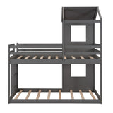 Gray Twin Over Twin House Bunk Bed with Windows and Roof