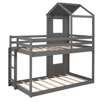 Gray Twin Over Twin House Bunk Bed with Windows and Roof