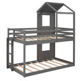 Gray Twin Over Twin House Bunk Bed with Windows and Roof