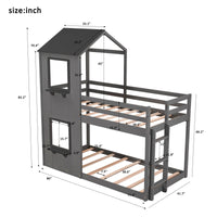 Gray Twin Over Twin House Bunk Bed with Windows and Roof