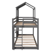 Gray Twin Over Twin House Bunk Bed with Windows and Roof