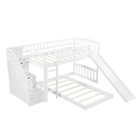 White Twin Over Twin Perpendicular Bunk Bed with Storage Stairs and Slide
