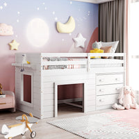 White Twin Size Loft Bed with Playhouse and Drawers