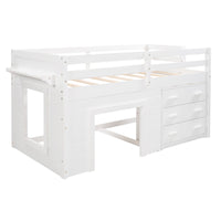 White Twin Size Loft Bed with Playhouse and Drawers