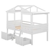 White Twin Size Loft Bed with Play House Roof and Two Drawers