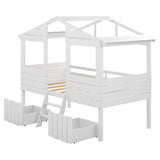 White Twin Size Loft Bed with Play House Roof and Two Drawers