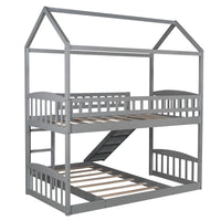 Gray Playhouse Frame Full Over Full Perpendicular Bunk Bed with Slide
