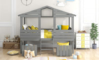 Gray Twin Size Loft Bed with Play House Roof and Two Drawers