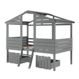 Gray Twin Size Loft Bed with Play House Roof and Two Drawers