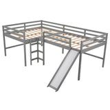 Gray L Shaped Full Size Wooden Double Loft Bed with Slide and Ladders