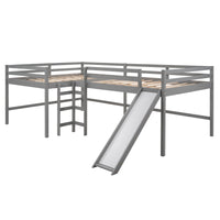 Gray L Shaped Full Size Wooden Double Loft Bed with Slide and Ladders