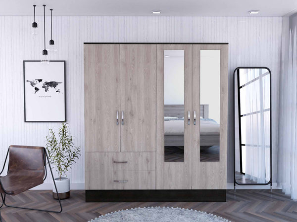 Light Oak and Black Four Door Wardrobe Closet with Mirrors