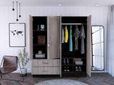 Light Oak and Black Four Door Wardrobe Closet with Mirrors