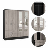 Light Oak and Black Four Door Wardrobe Closet with Mirrors